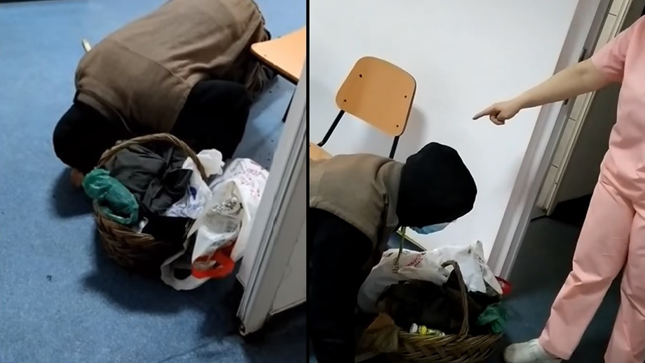 Un bătrân căzut în genunchi pe holurile unui spital din Corabia