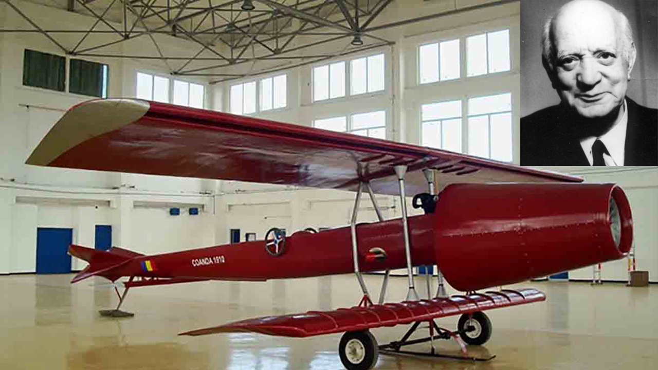 Henri Coandă, inventatorul avionului fără elice, prezintă modelul revoluționar Coandă-1910 la Salonul Internațional Aeronautic de la Paris.
