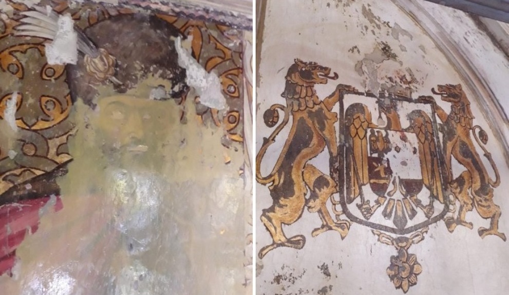 Pictură cu Mihai Viteazul în mărime naturală şi stemele Regatului României, descoperite în clădirea UMFST Târgu Mureș