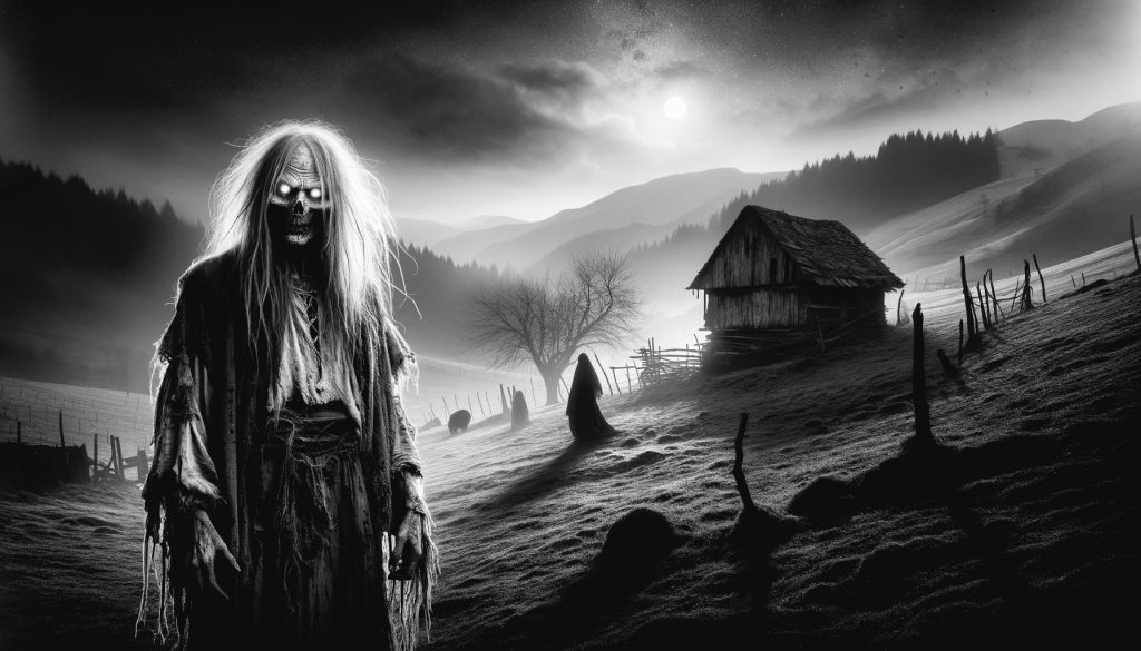 Ilustrație reprezentând un strigoi, o creatură supranaturală din mitologia românească, cu trăsături înfricoșătoare și puteri malefice.