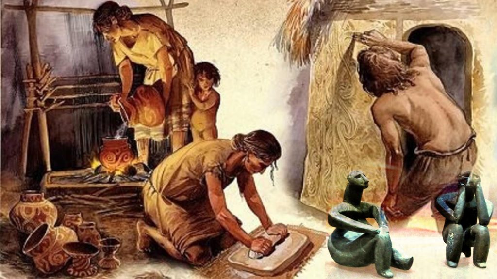 Reprezentare artistică a ceramicii Cucuteni, caracterizată prin modele geometrice și culori vibrante.