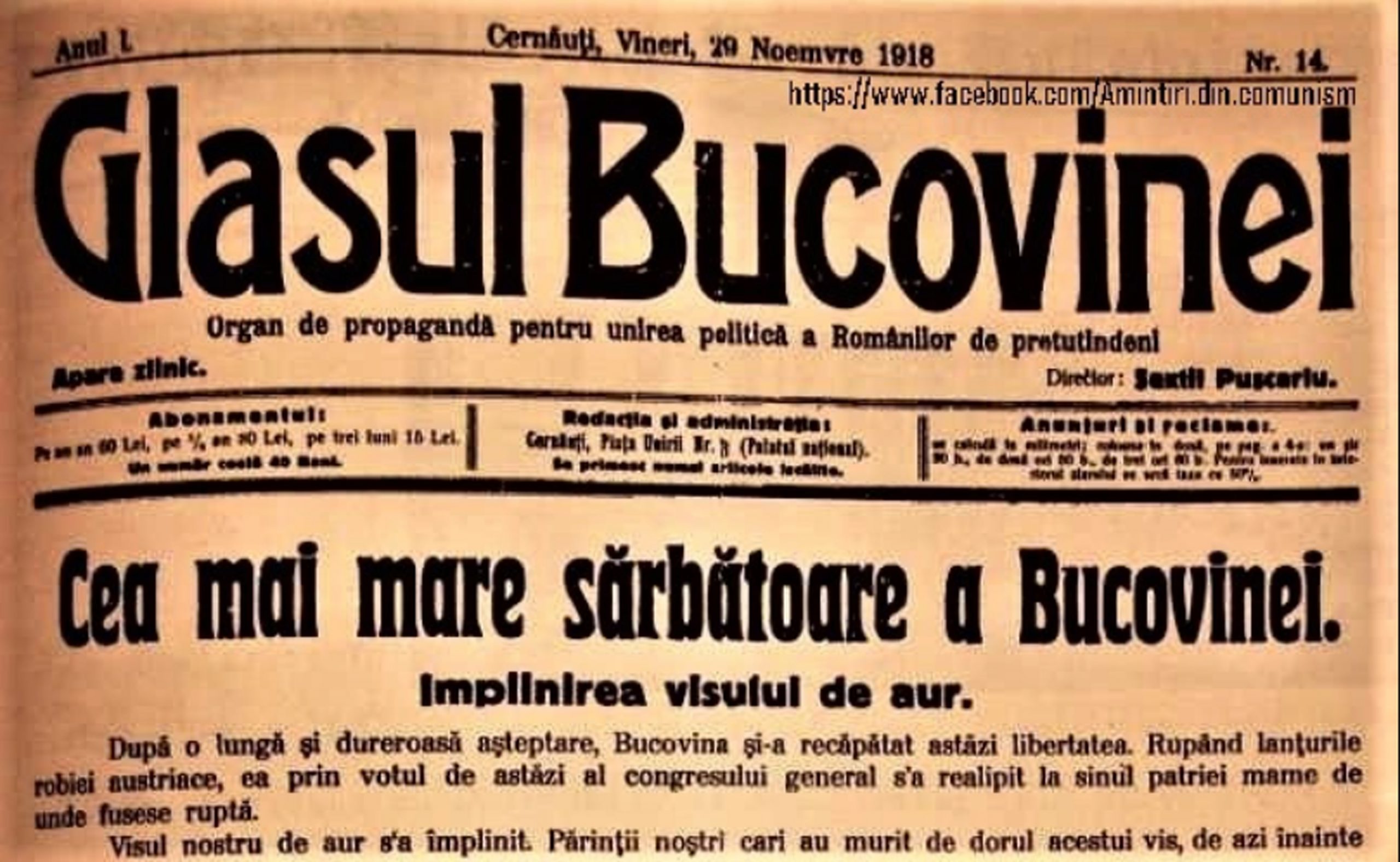 28 noiembrie 1918: 105 ani de la unirea Bucovinei cu România