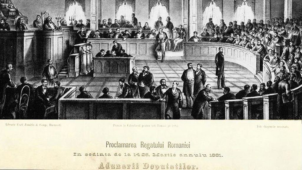 Proclamarea Regatului României în 1881 – moment istoric de afirmare a suveranității naționale, marcat de ceremonia solemnă și sprijinul popular.