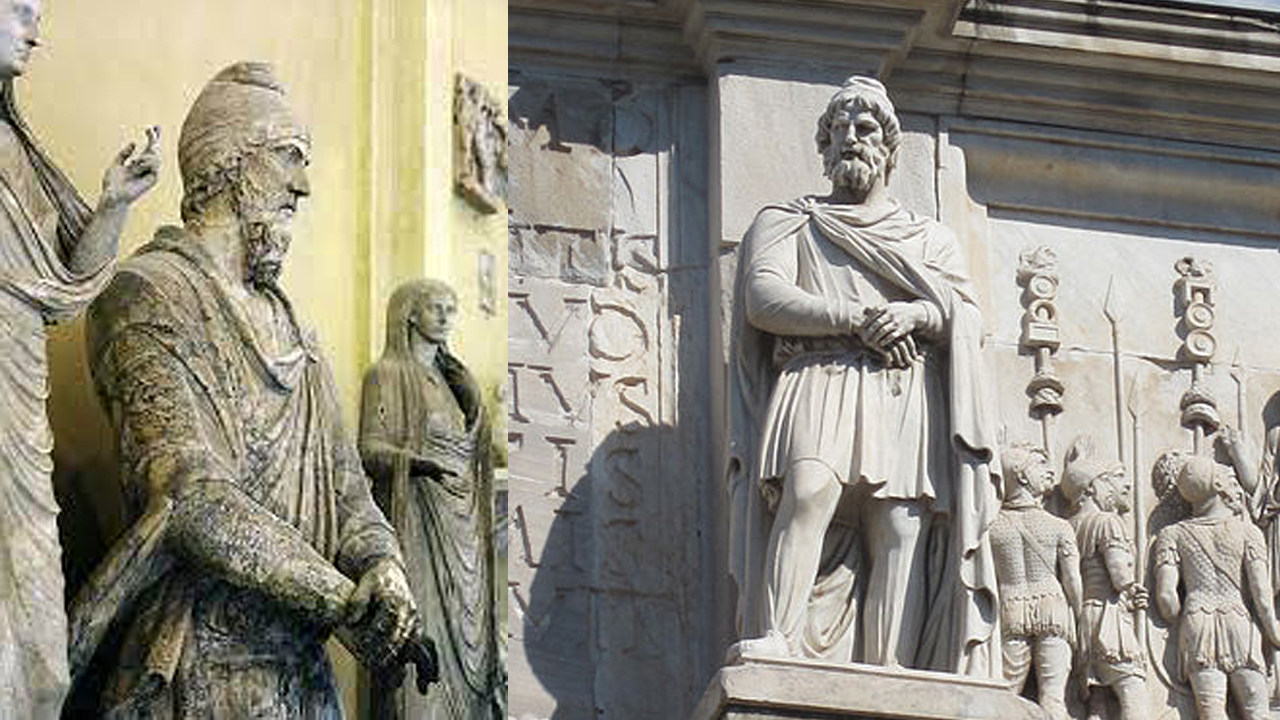 Statuie romană reprezentând un nobil dac, cu expresie demnă și detalii sculpturale impresionante