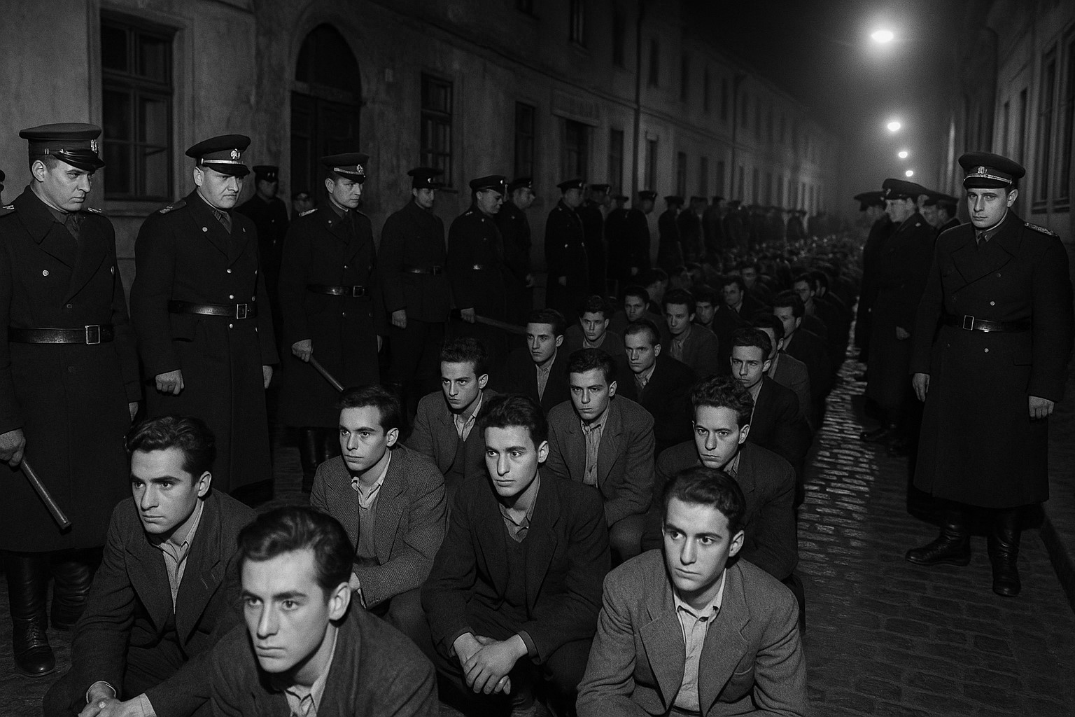 Imagine sugestiva cu studenti arestati de tortionari