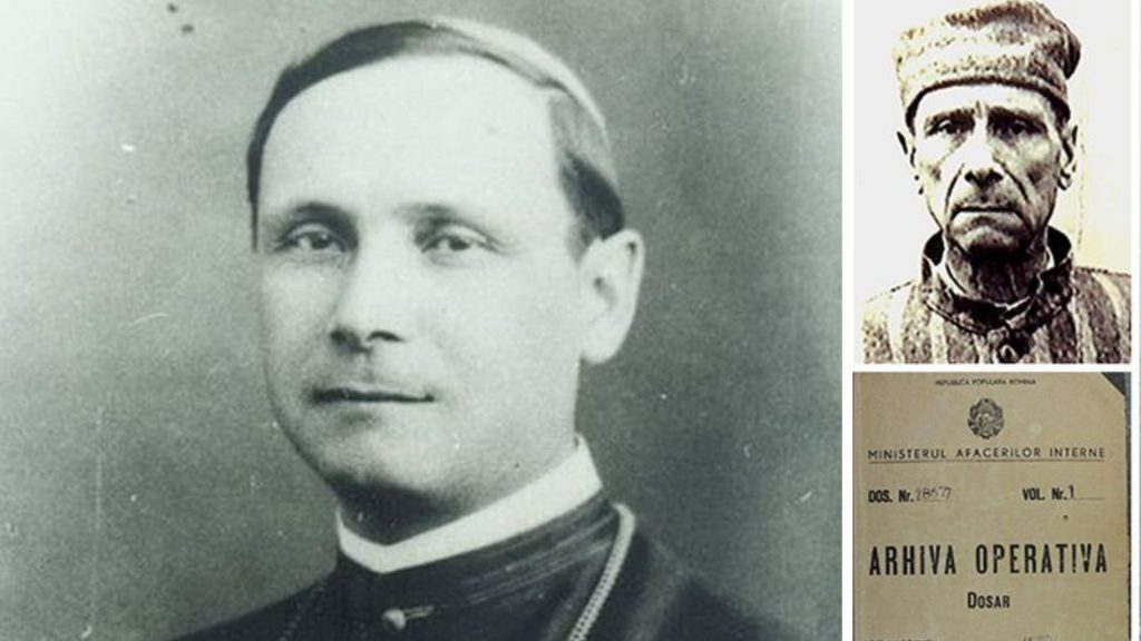 Portretul Cardinalului Iuliu Hossu în haine clericale și fotografie deținut politic în zeghe, alături de un dosar din Arhiva Operativă a Ministerului Afacerilor Interne.