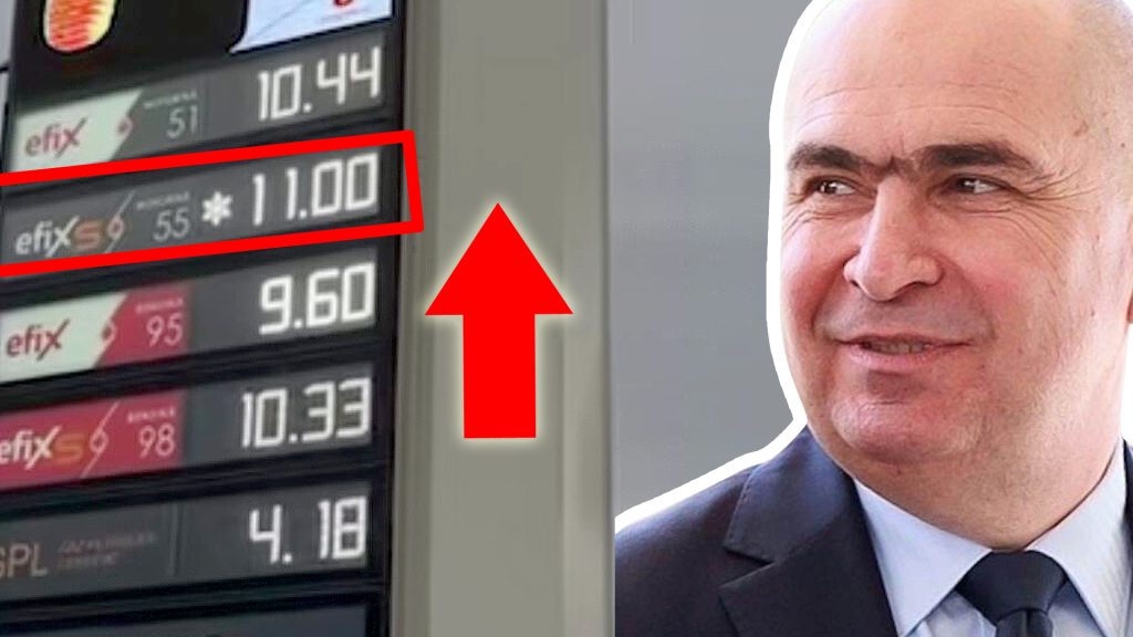 Panou prețuri carburanți cu valoare 11.00 evidențiată și bărbat în costum în fundal