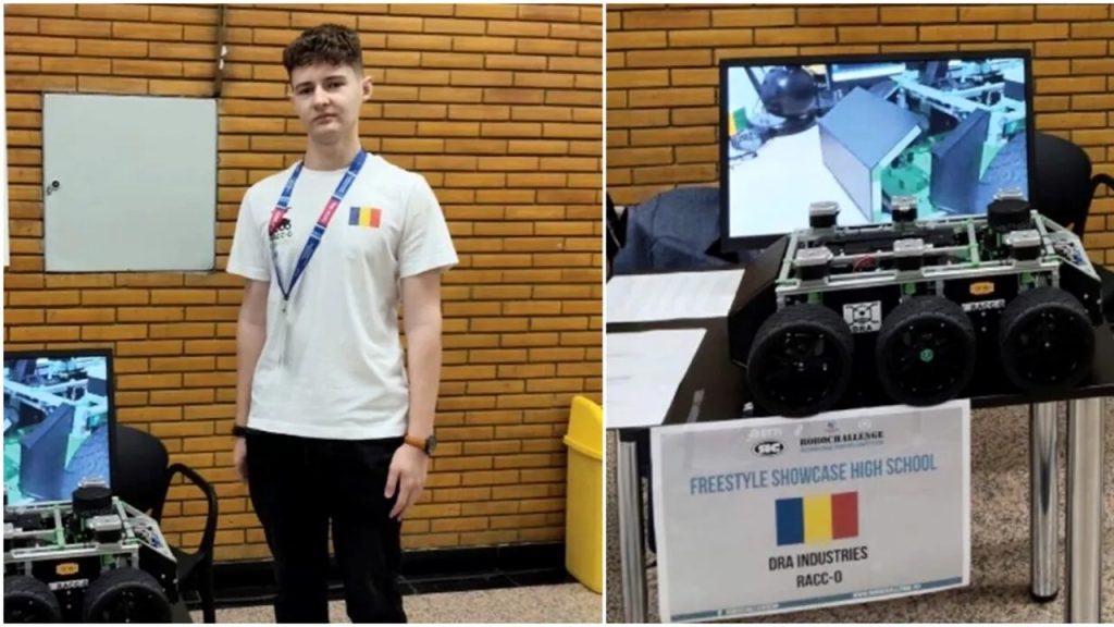 Elev român prezentând un robot autonom pe șase roți la o competiție internațională de robotică pentru liceeni