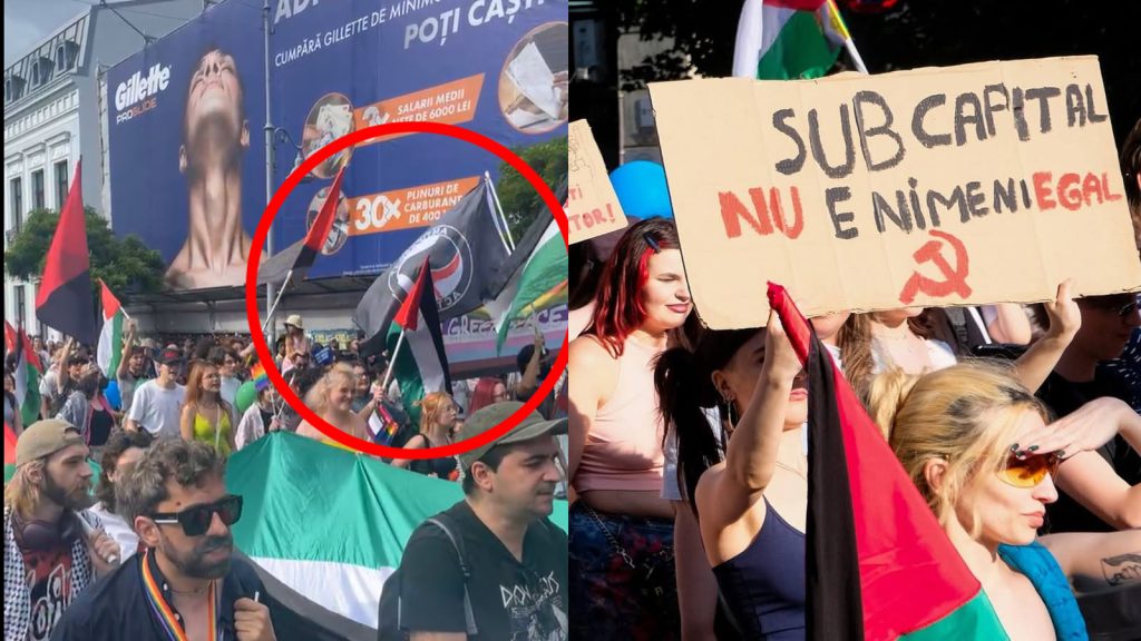 Participanți la un protest în București afișând steaguri palestiniene și pancarte cu mesaje sociale și politice, în cadrul unei manifestații publice pentru drepturile omului și solidaritate internațională.