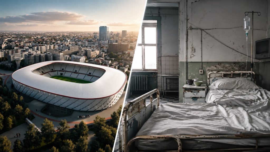 Contrast puternic între un stadion modern și un salon de spital degradat, simbolizând diferențele de investiții în infrastructură, sport și sistemul de sănătate din România.