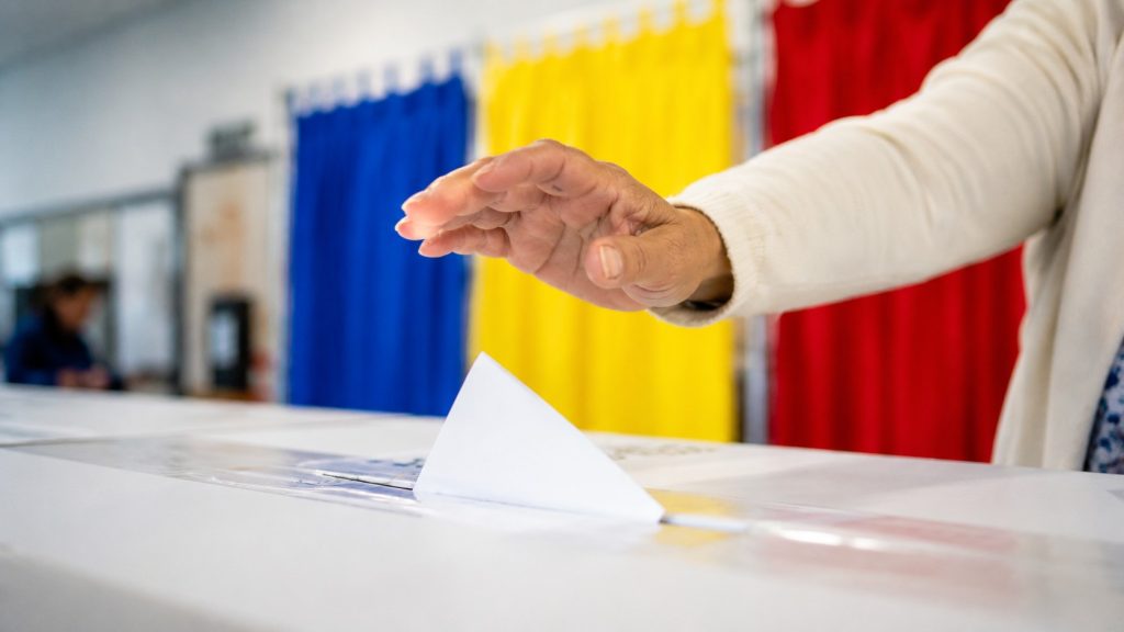Mână care introduce un buletin de vot într-o urnă, în fața cabinelor de vot colorate.