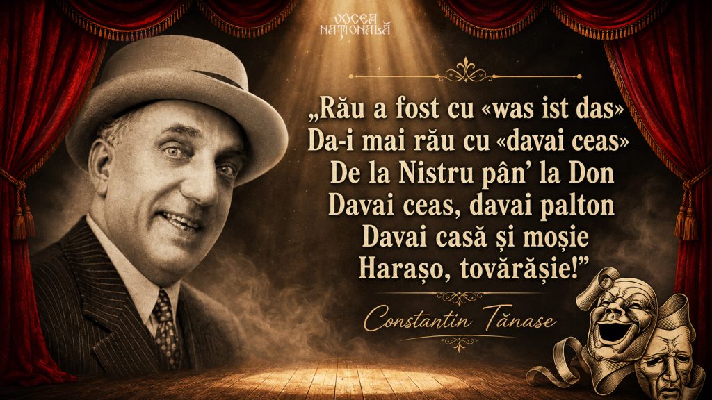 Citat satiric atribuit lui Constantin Tănase, în stil teatral vintage, cu cortină roșie și măști de comedie și tragedie.