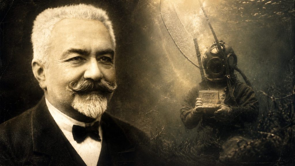 Portret în stil vintage al savantului Emil Racoviță alături de un scafandru în costum clasic de epocă explorând adâncurile subacvatice.