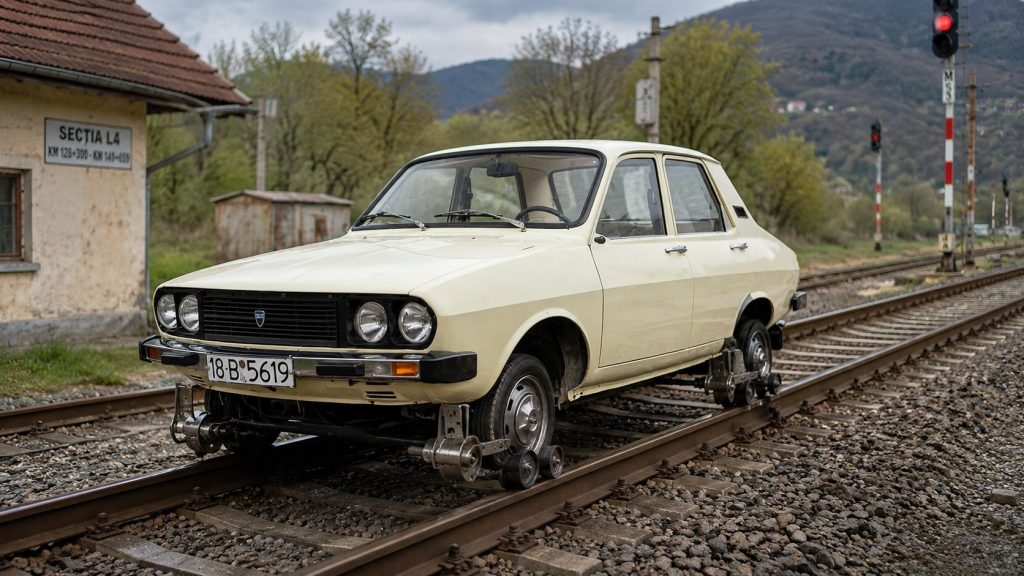 Dacia 1300 transformată în drezină, adaptată pentru deplasarea pe șine de cale ferată