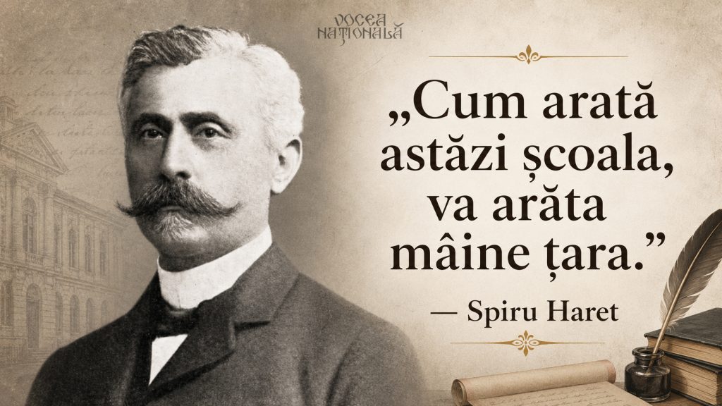 Portretul lui Spiru Haret alături de citatul „Cum arată astăzi școala, va arăta mâine țara”